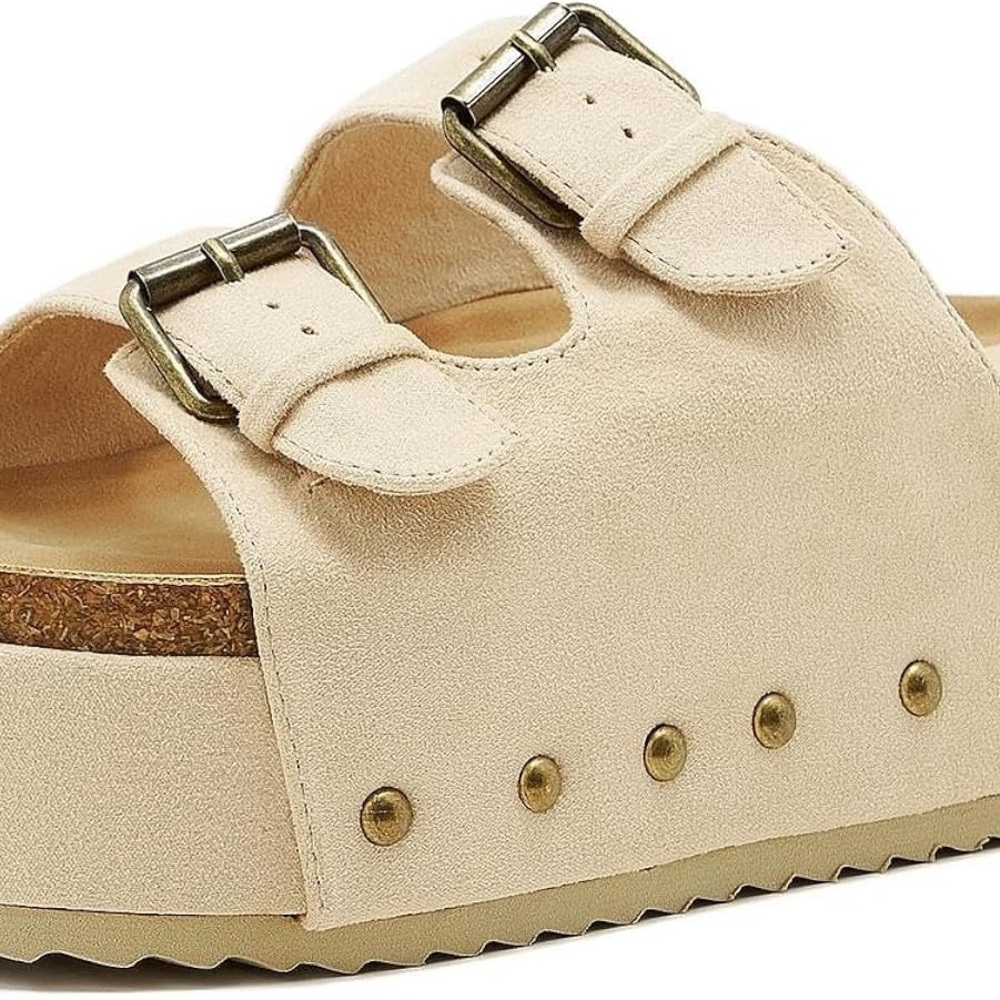 Women Metallic Platform Sandals Cork Footbed Heeled Slides Buckles clogs beige - Picture 7 of 7